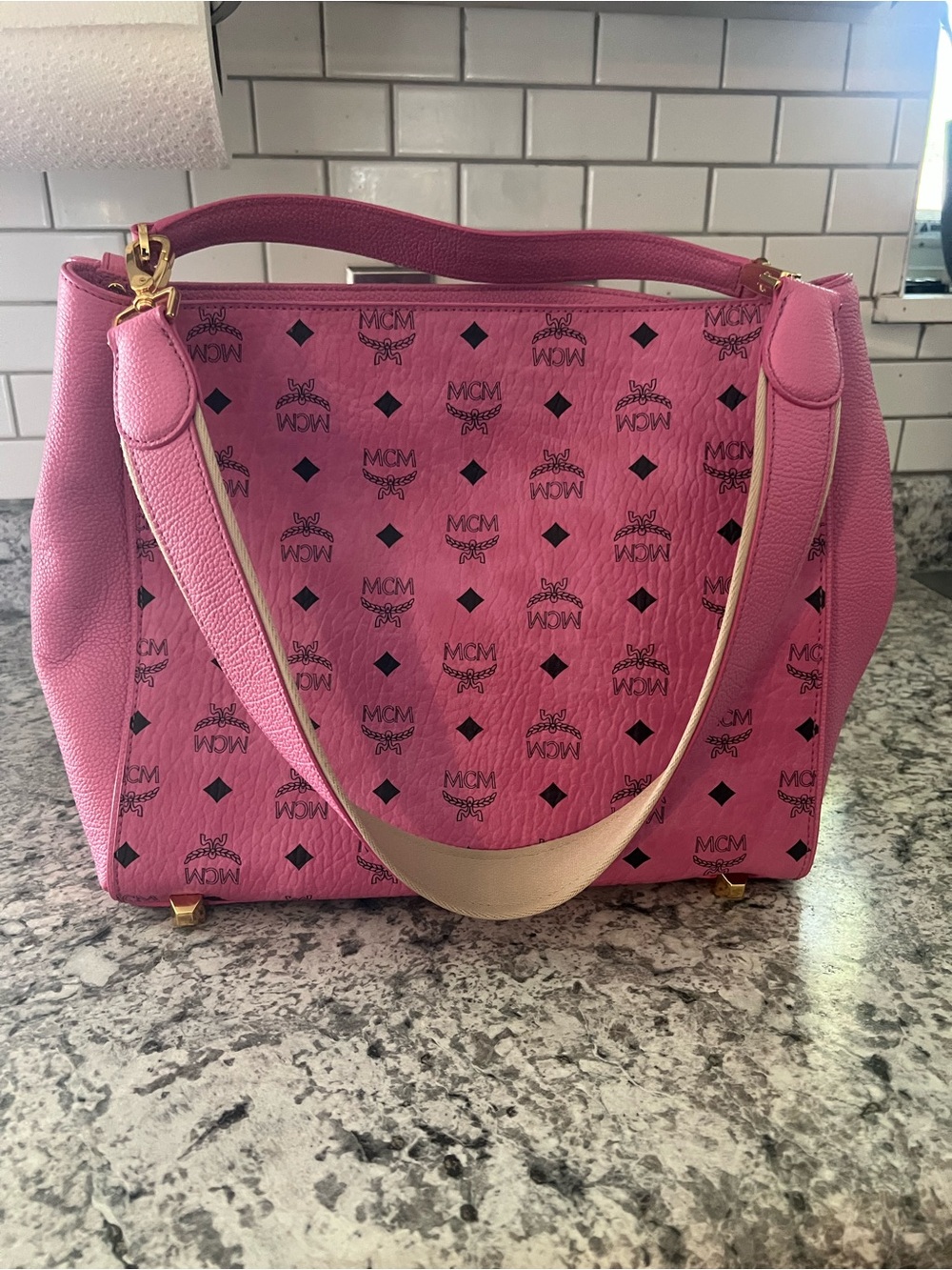 MCM Pink Logo Tote Shoulder Bag with Gold Hardware
